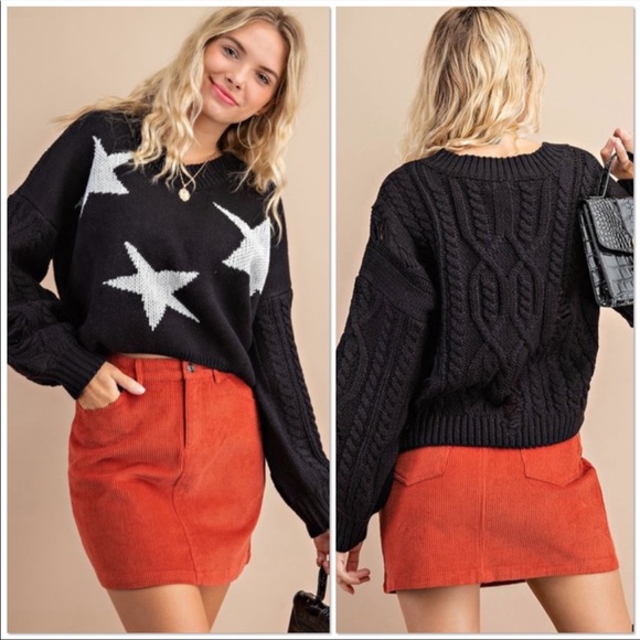 Black Crop Distressed Star Sweater - Picture 2 of 3